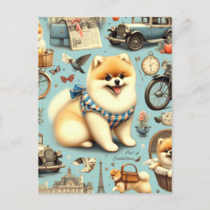 Cartão Postal Ilustração Vintage Pomeranian Sem Costura