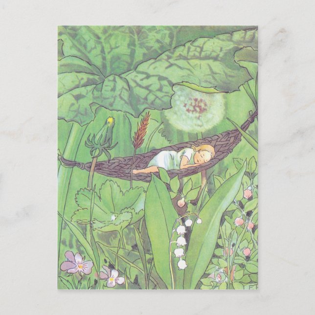 Cartão Postal Ilustração Vintage Thumbelina por Elsa Beskow (Frente)