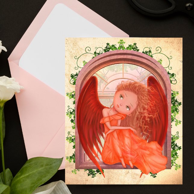 Cartão Postal Ilustração vítrea de uma linda garota de anjo da f (Criador carregado)