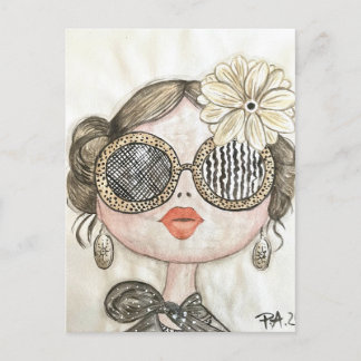 Cartão Postal ilustracion de chica fashion con gafas en acuarela