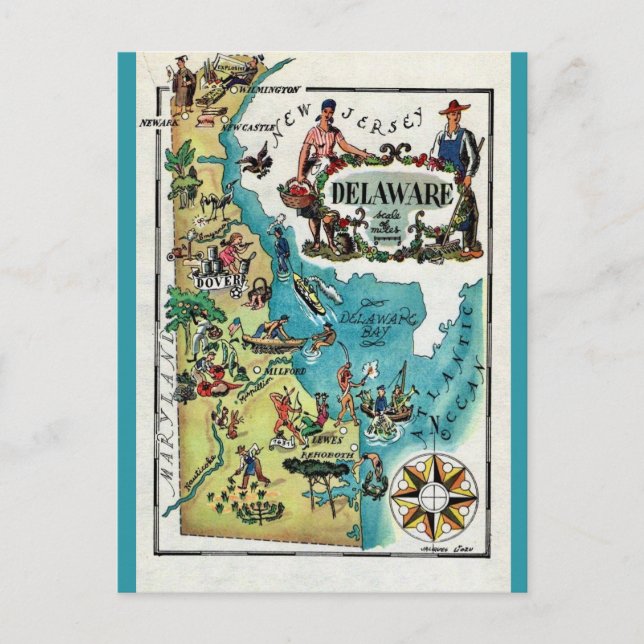 Cartão postal ilustrado do mapa de Delaware (Frente)