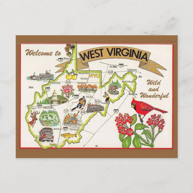 Cartão postal Ilustrado West Virginia Vintage (Frente)