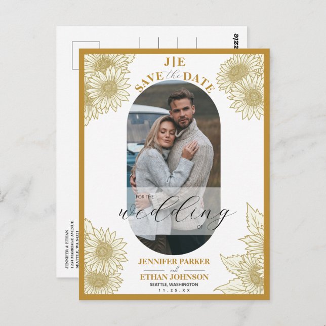 Cartão Postal Imagem Botânica De Girassol Elegante Salvar A Data (Frente/Verso)