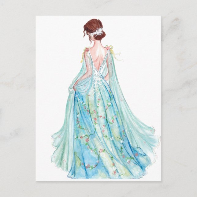 Cartão Postal Imagem de moda da princesa azul-aquarela (Frente)