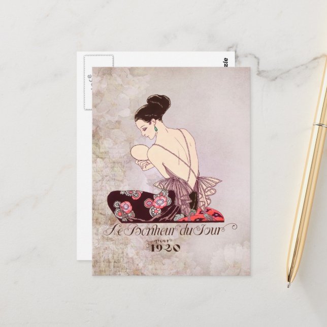 Cartão Postal Imagem de moda francesa Barbier Le Bonheur du Jour (Frente/Verso In Situ)