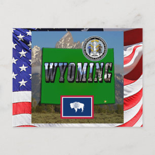 Cartão Postal Imagem e texto de Wyoming, mapa, bandeira e selo e