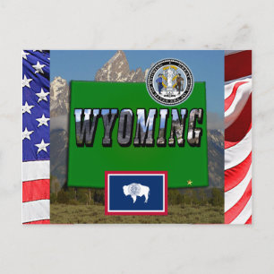 Cartão Postal Imagem e texto em Wyoming, Mapa, Sinalizador e Sel