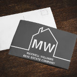 Cartão Postal Imobiliária de Cinzas Escuras<br><div class="desc">Este cartão postal de cinza escura monograma moderno é personalizado com o nome de sua empresa real em preto sob as iniciais do agente de realty em uma simples tipografia. Esta design minimalista apresenta um contorno simples de uma casa. Presente contemporâneo para um agente que trabalha para ajudá-lo a comprar...</div>