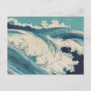 Cartão Postal Impressão Antiga de Ondas do Oceano Azul em Xilogr