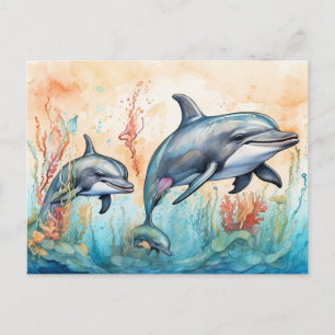 Cartão Postal Impressão artística de golfinhos em aquarela