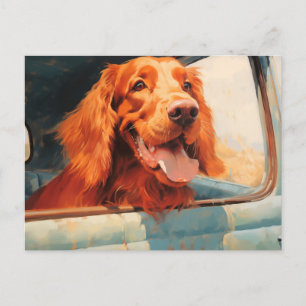 Cartão Postal Impressão de Arte de Cachorro Vermelho na Janela d