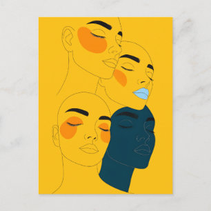 Cartão Postal Impressão de Arte de Linha Abstrata, Quatro Rostos