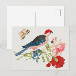 Cartão Postal Impressão de Arte Floral Borboleta Pássaro Rosa Vi