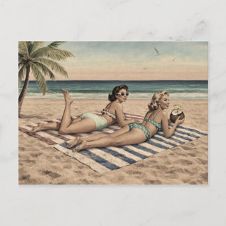 Cartão Postal Impressão de Arte Pinup de Praia Vintage | Garotas