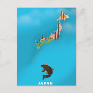 Cartão Postal Impressão de Mapa Ilustrado do Japão.
