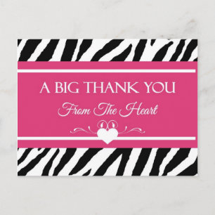 Cartão Postal Impressão de Zebra Rosa e Negra Obrigado do Coraçã