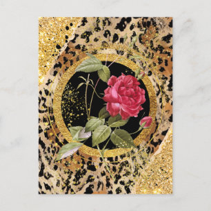 Cartão Postal impressão leopardo com rosas e brilho dourado