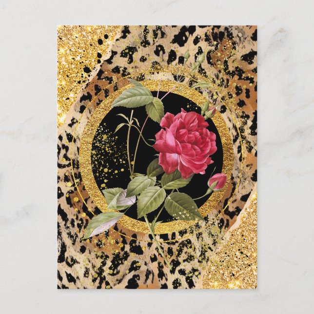 Cartão Postal impressão leopardo com rosas e brilho dourado (Frente)