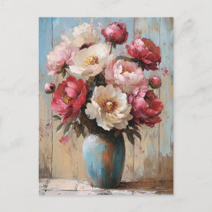 Cartão Postal Impressionista Flores Rosa Azul Vase