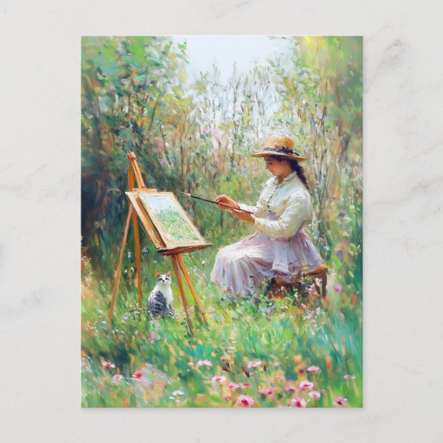 Cartão Postal Impressionista Pintura de Óleo de Gato ao Lado do  (Frente)