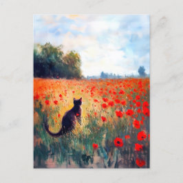 Cartão Postal Impressionista Pintura de Óleo de Gato em Campo de