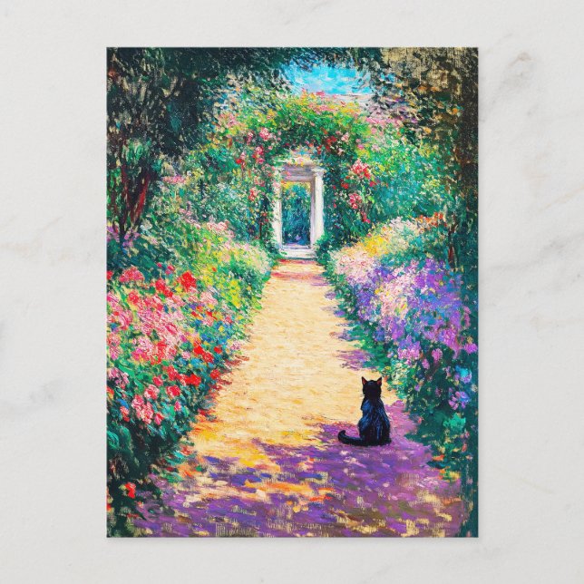 Cartão Postal Impressionista Pintura de Óleo de Gato em Linha Fl (Frente)