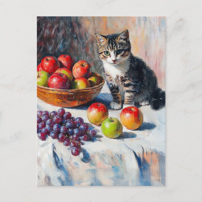 Cartão Postal Impressionista Pintura de Óleo de Gato em Vida Est (Frente)