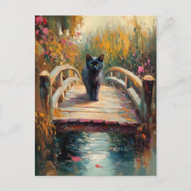 Cartão Postal Impressionista Pintura de Óleo de Gato Negro em Wo (Frente)