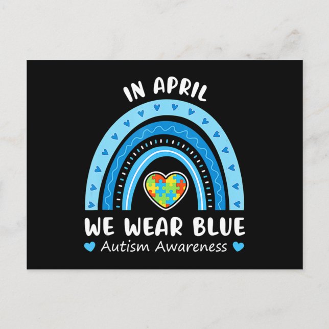 Cartão Postal In April We Wear Blue Rainbow Autism Awareness Puz (Frente)