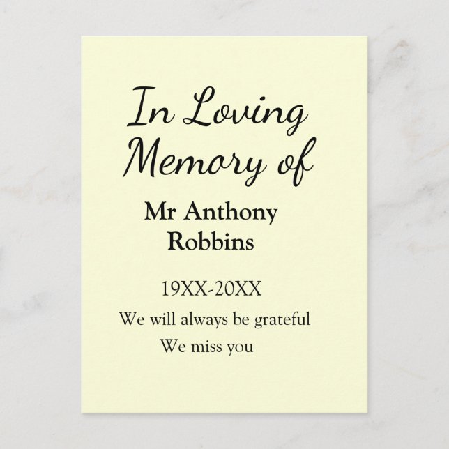 Cartão Postal In Loving memory of name funeral memory keepsake (Frente)