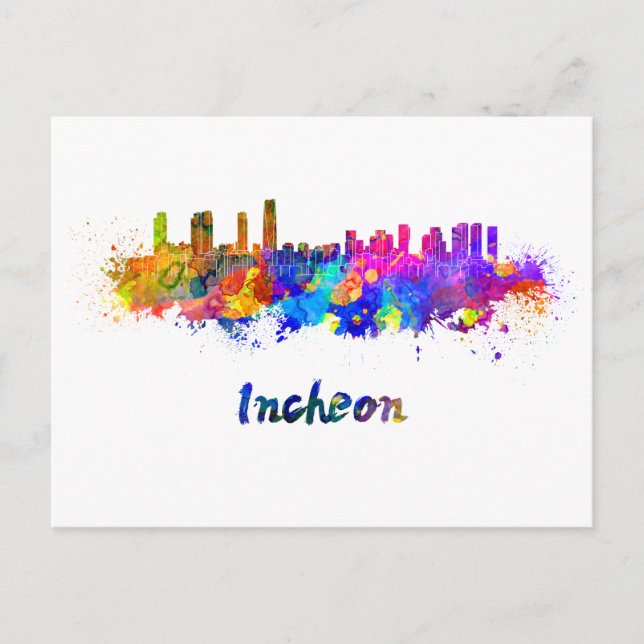 Cartão Postal Incheon skyline in watercolor (Frente)