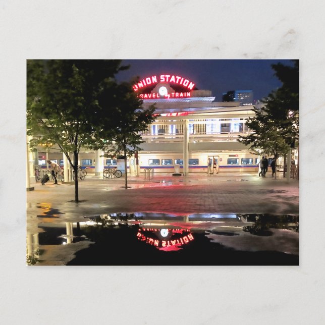 Cartão Postal Incrível Vista Noturna, Estação Sindical, Denver,  (Frente)