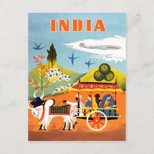 Cartão Postal Índia, arte tradicional, pessoas em carruagens, co