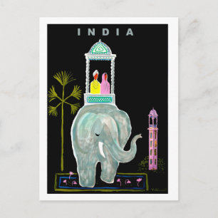 Cartão Postal Índia, casal montando em elefante azul, pintura