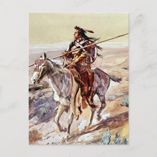 Cartão Postal "Indian With Spear" Cowboy Art de Charles Russell (Frente)
