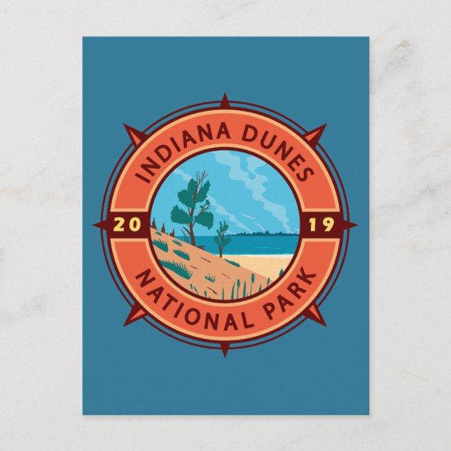 Cartão Postal Indiana Dunes National Park Retro Compass Emblem (Frente)