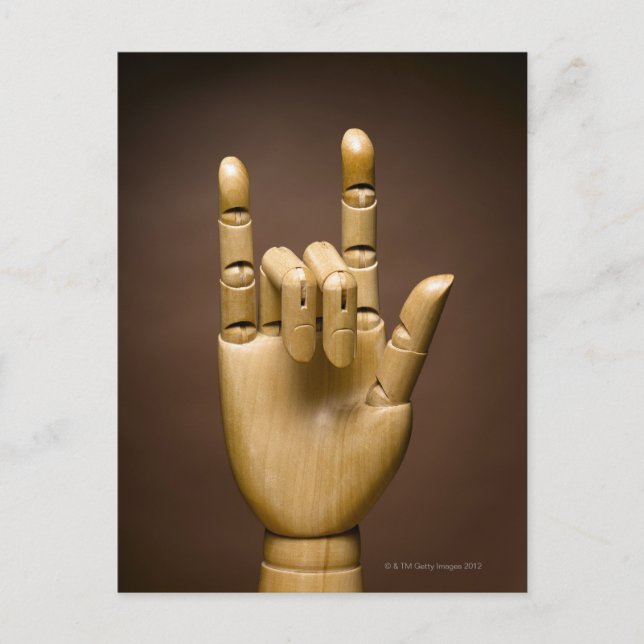 Cartão Postal Índice de mão de madeira e pequeno dedo estendido, (Frente)