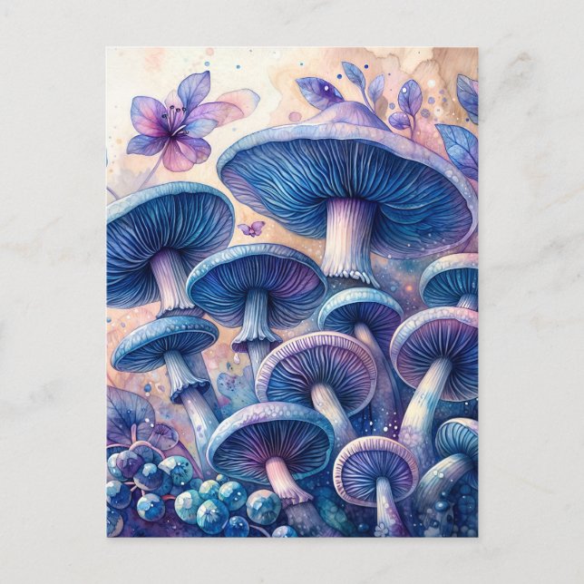Cartão Postal Indigo milk Boné Mushroom Watercolor Art (Frente)