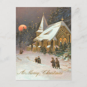 Cartão Postal Indo à Árvore da Igreja Lua Neve Estrelas