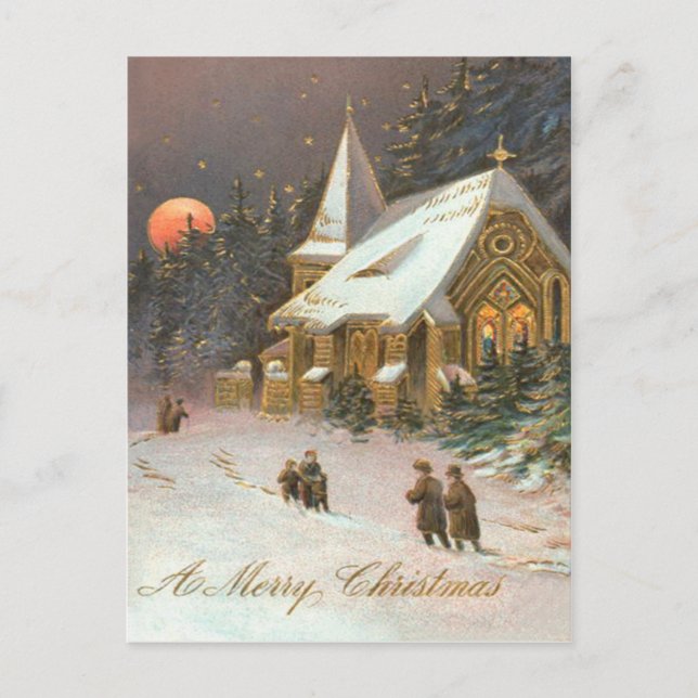 Cartão Postal Indo à Árvore da Igreja Lua Neve Estrelas (Frente)