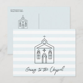 Cartão Postal Indo à Capela Save the Date Azul Casamento