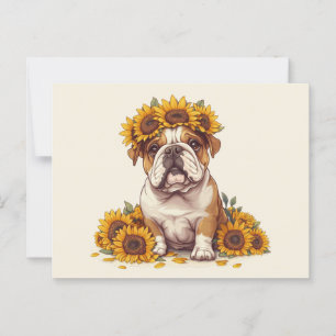 Cartão Postal Inglês Bulddog Sunflower Crown