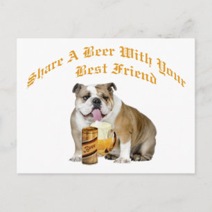 Cartão Postal Inglês Bulldog Compartilha Cerveja