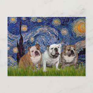 Cartão Postal Inglês Bulldog Trio - Starry Night