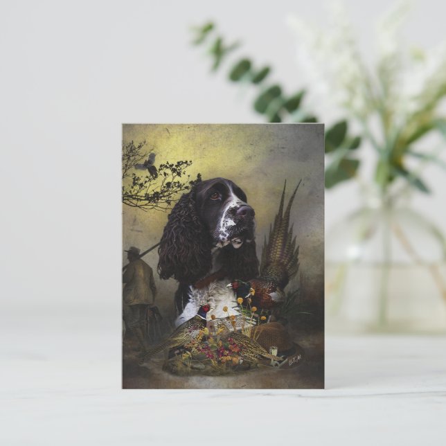 Cartão Postal Inglês Springer Spaniel com faisão (Em pé/Frente)