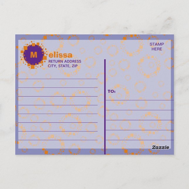 Cartão Postal Iniciais de Monograma Laranja Roxo Quadrados Círcu (Verso)