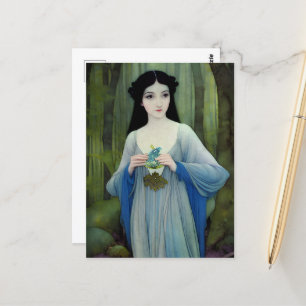 Cartão Postal Ink Wash Ilustração de Linda Mulher em Florestas