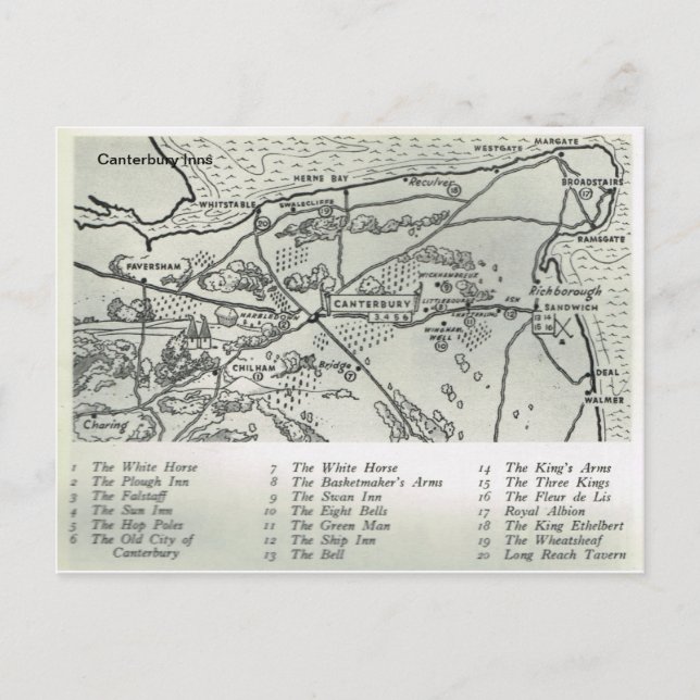 Cartão Postal Inns de Kent, Inns perto do Mapa de Cantuária (Frente)