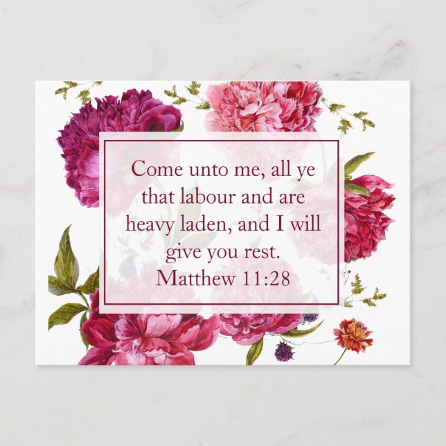 Cartão Postal Inspirational Matthew 11:28 Pink Floral (Frente)