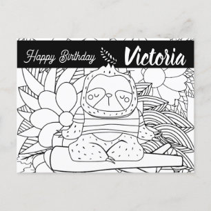 Cartão Postal Instrutor de Yoga Sloth Aniversário Floral Colorid